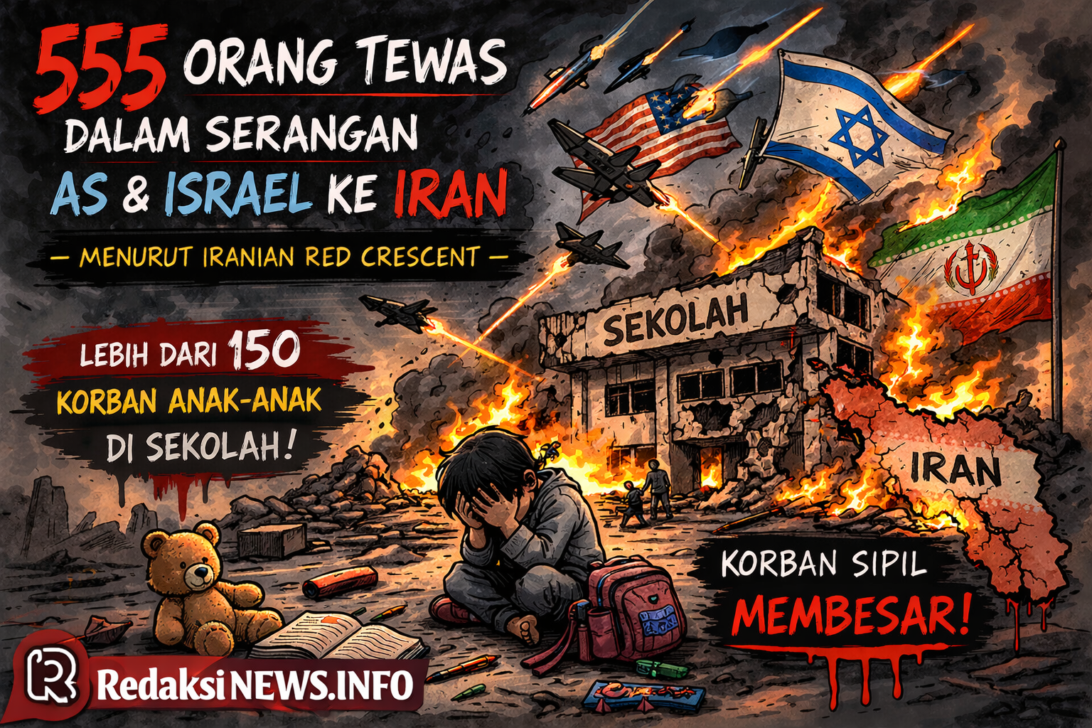 555 Orang Tewas dalam Serangan AS–Israel di Iran, Sekolah Jadi Target Paling Mematikan